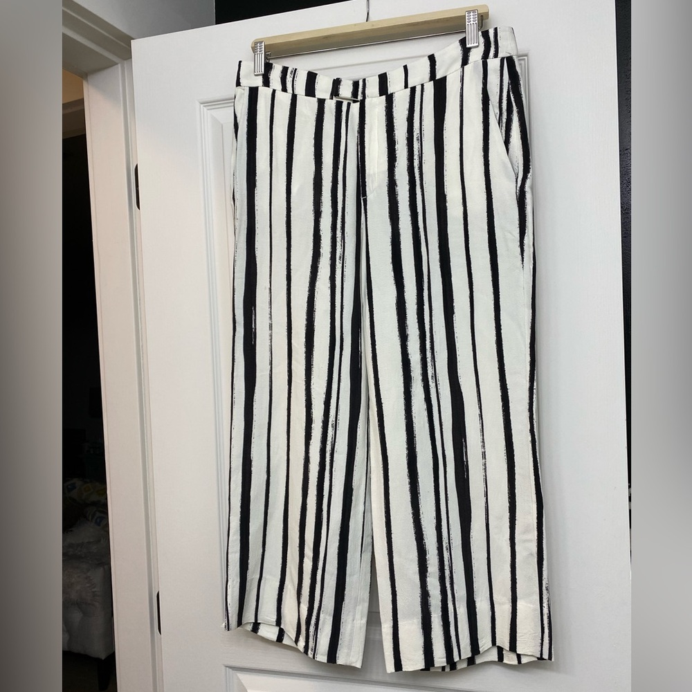 Zara Black and White Painted Stripe Cropped Pants